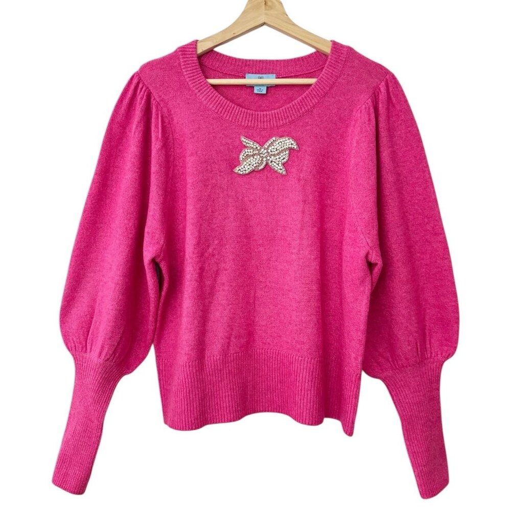 CeCe Cozy Balloon Sleeve Sweater Crystal Appliqué Pink Crew‎ Neck Preppy Spring